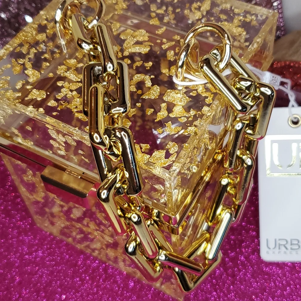 🎉HP🎉Urban Expressions 💜NWT💜 Acrylic Gold Foil Box Bag & Gold Chain Handle! - Picture 14 of 15